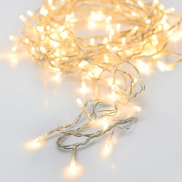Guirnalda a pilas, multifunción, uso exterior, blanco cálido, cable transparente, 24 leds, 2,30 m